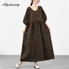 Korean Style Plus Size Summer Women Midi Dress O Neck Brown Floral Print Cotton Dress Vintage Lantern Sleeve Oversized Gown