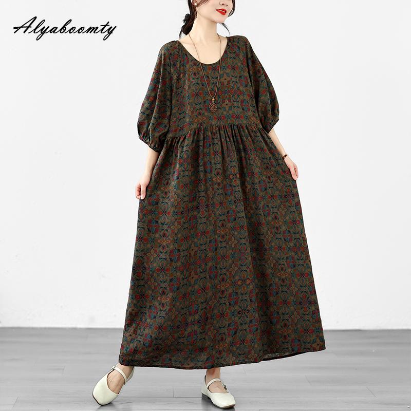 Korean Style Plus Size Summer Women Midi Dress O Neck Brown Floral Print Cotton Dress Vintage Lantern Sleeve Oversized Gown