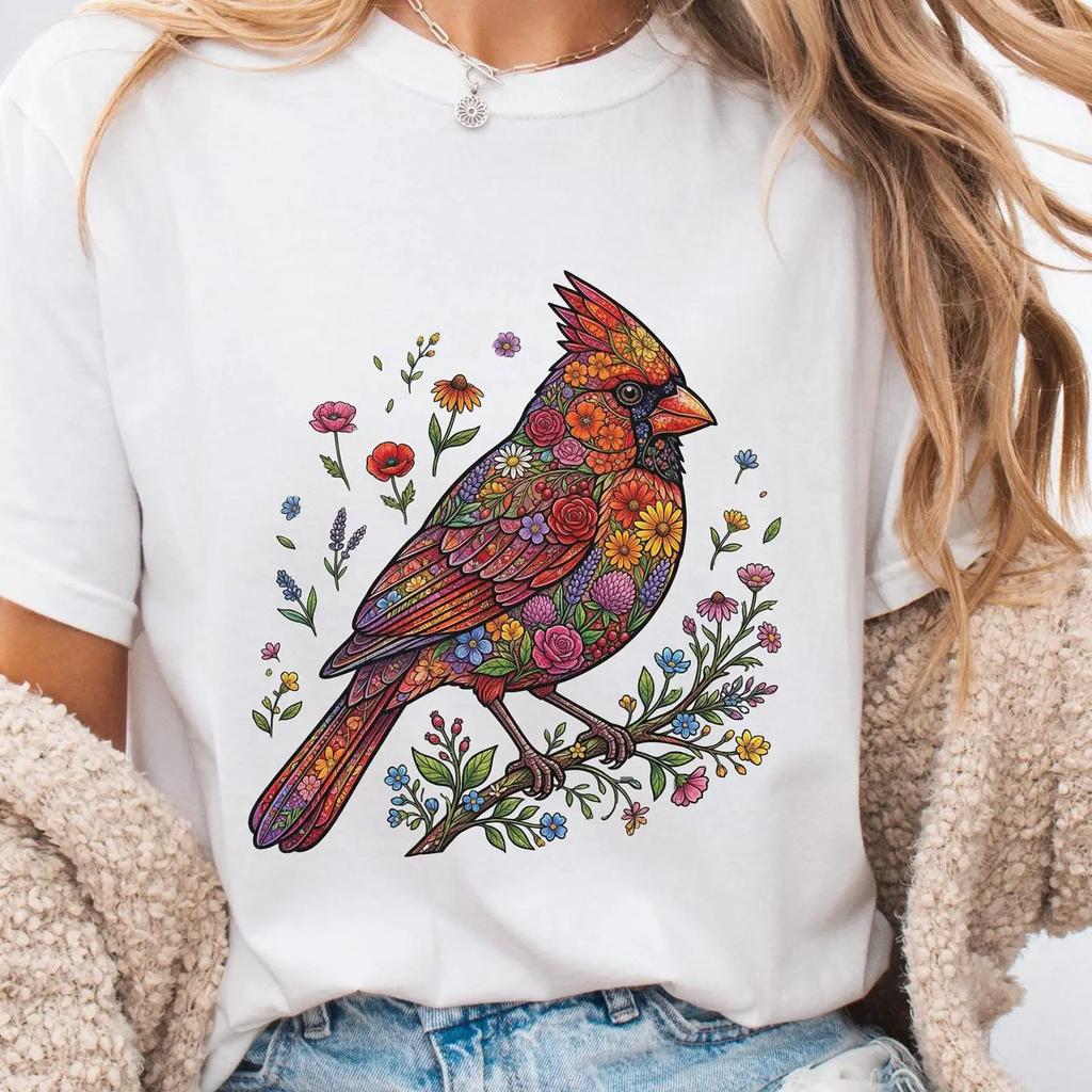 Mosaic Stained Glass Floral Cardinal T Shirt Boho Wildflower Bird Lover Casual Mothers Day Vintage Homme Breathable