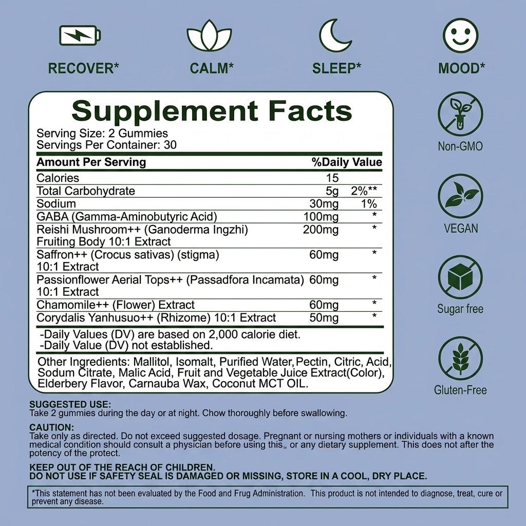Melatonin-Free Sleep Gummies with Reishi Mushrooms, Mushrooms, Vegan, Wellness Support