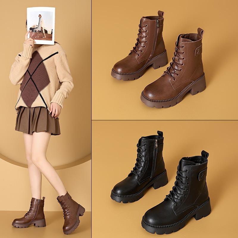 Thick-soled Martin Boots Women's New Autumn and Winter Boots Leather High-heeled Velvet Short Boots