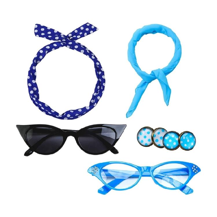 

50s Costumes Accessories for Women Girls 1950s Outfits with Cats Eye Glasses Scarf Bandana Tie Headband Halloween Costume озеро синього кольору