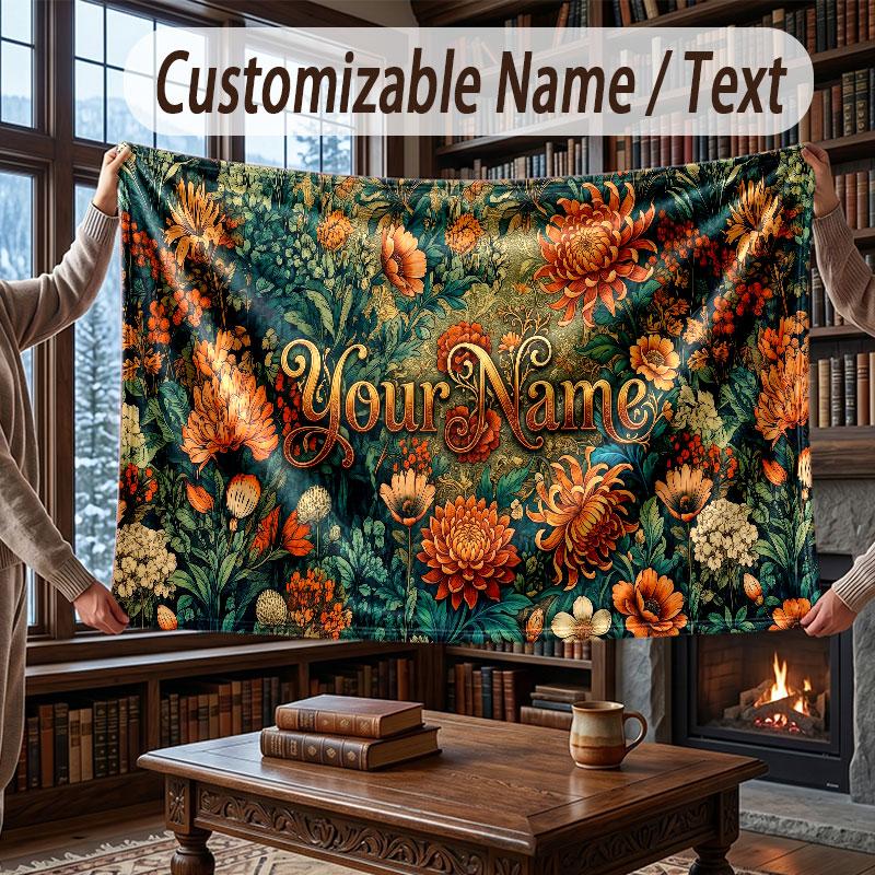Floral Garden Theme Throw Blanket Custom Name Text Personalized Blanket Soft Cozy Blanket for Home Sofa Bed