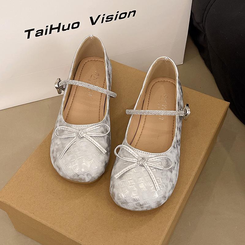 Bow light mouth single shoes women's new summer with skirt round head thick heel one-word buckle Mary Jane shoes
