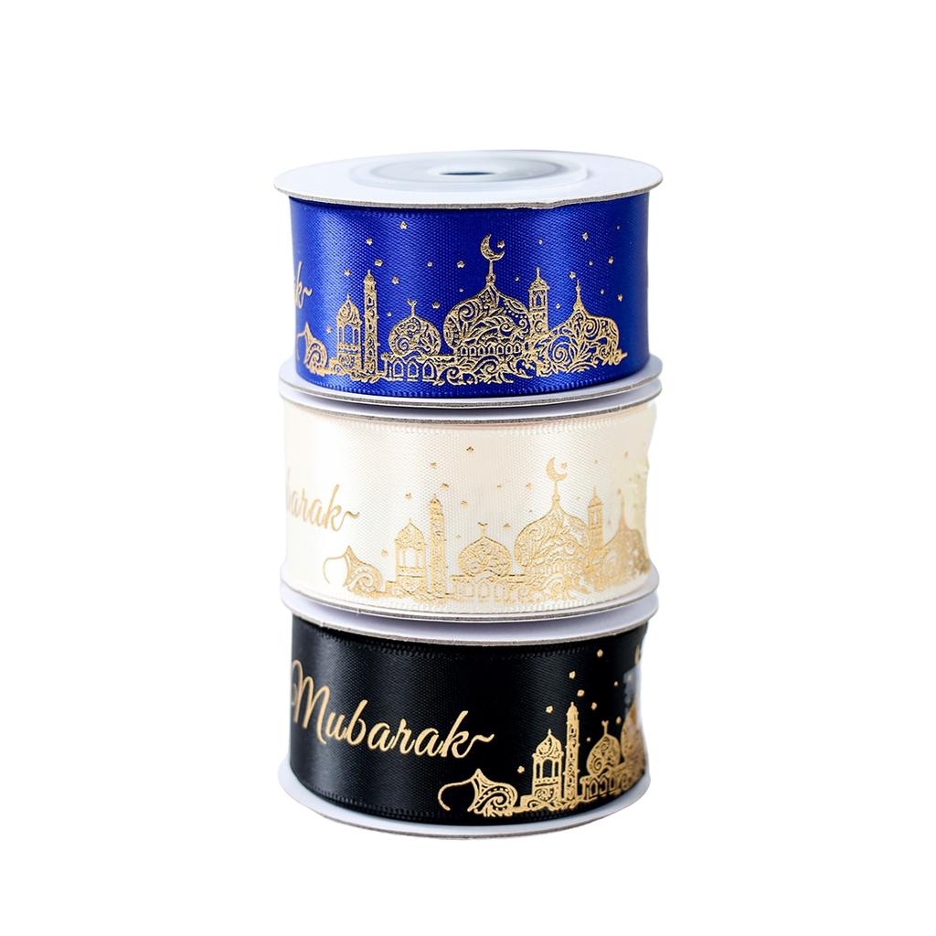 2.5cm 5 Yards Golden Print Roller Ribbons Eid Mubarak Festival Wrapping Ribbon Wrap Paper Gifts Islamic Muslim Party Supplies