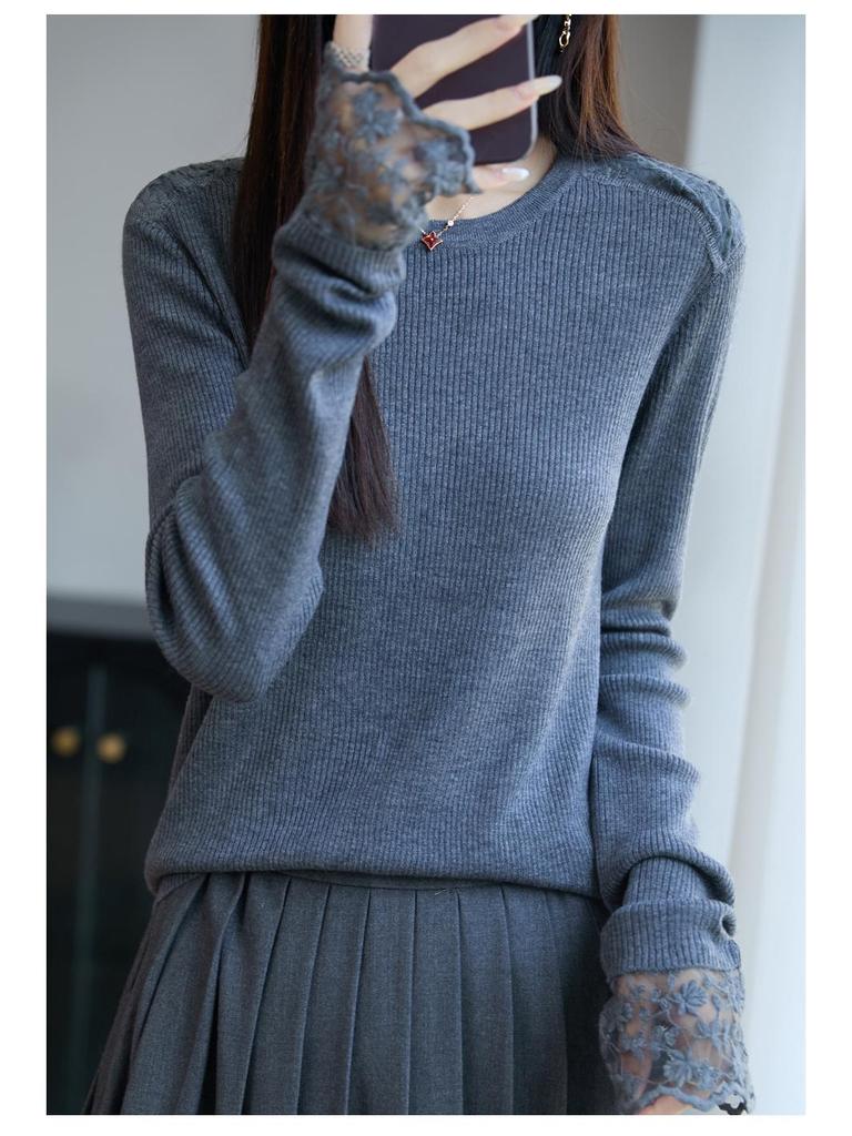 Černý krajkový patchworkový zeštíhlující svetr: Dámský pletený top s krajkovým lemem pro podzim/zimu