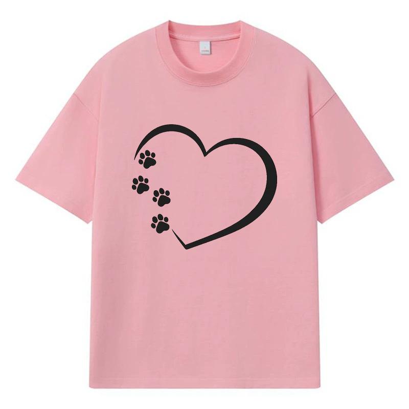 2026 Heart Shape with Paw Prints Printed Graphic Y2k Harajuku Streetwear 100% Cotton T Shirt Casual Oversized Summer Men T-shirt