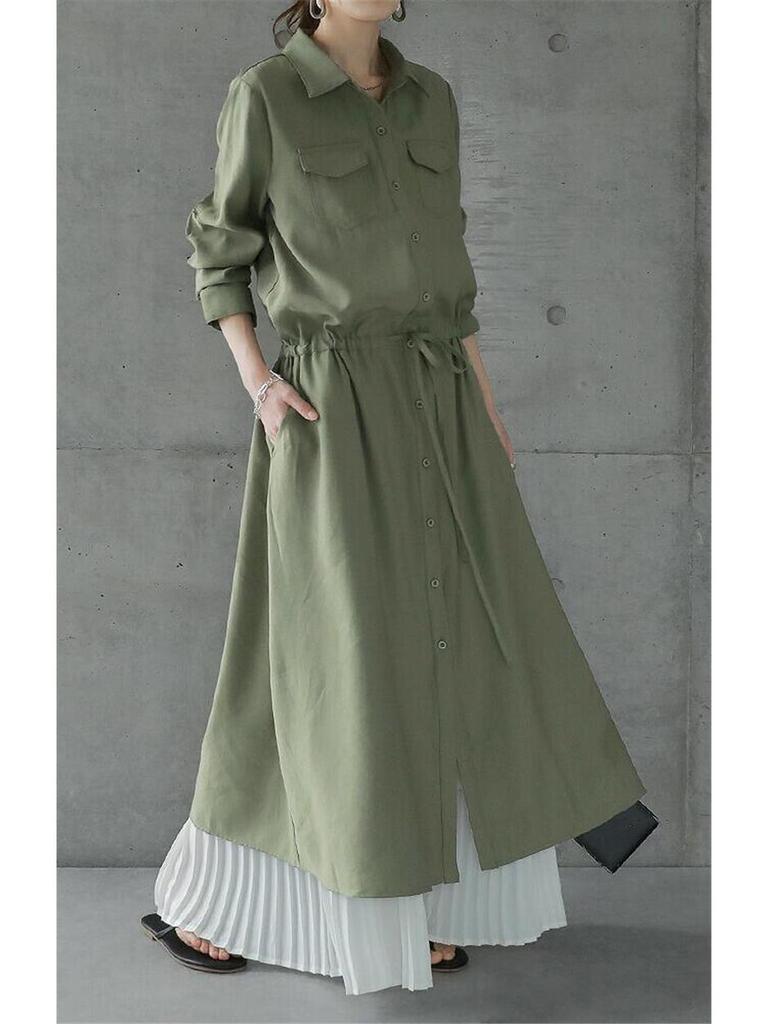 Women's Spring/Autumn Turn-Down Collar Maxi Shirt Dress - Long Sleeve, Solid Color, Casual