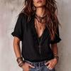1116 European and American new popular cotton pleated v-neck casual shirt top women's clothing