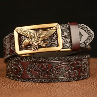 Herrengürtel Echtledergürtel für Männer, Blumenmuster, Tieradler, Gold, automatische Schnalle, Gürtelriemen für Jeans