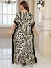 Women's Elegant Zebra Print Kaftan Dress V-Neck Long Sleeve Maxi Caftan Loose Fit Loungewear Gold Trim Beach Resort Evening Q1615-8766