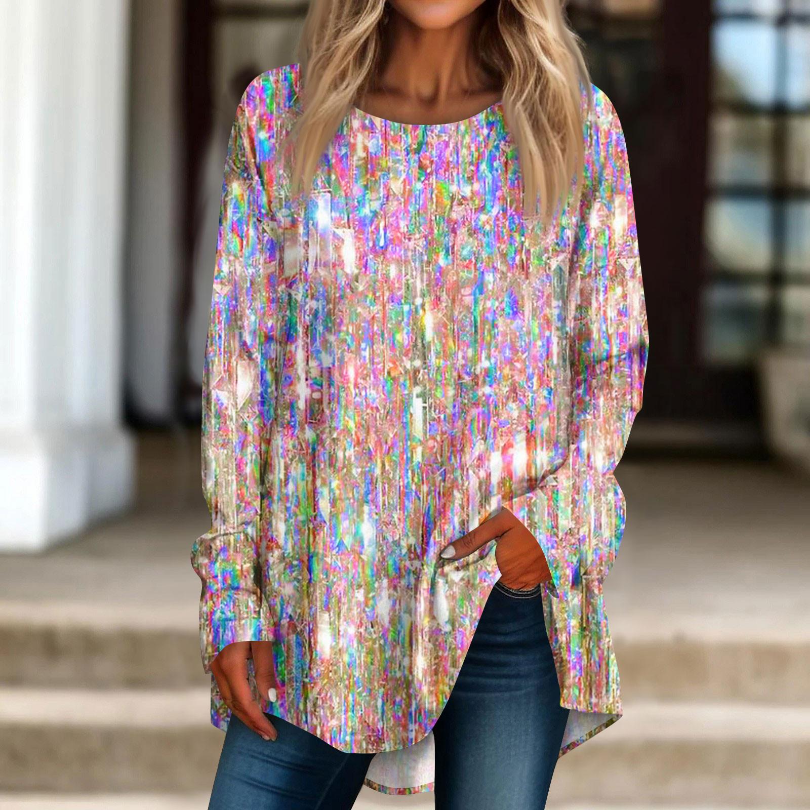 

Женская повседневная футболка с длинным рукавом с круглым вырезом и принтом пайеток L розовый