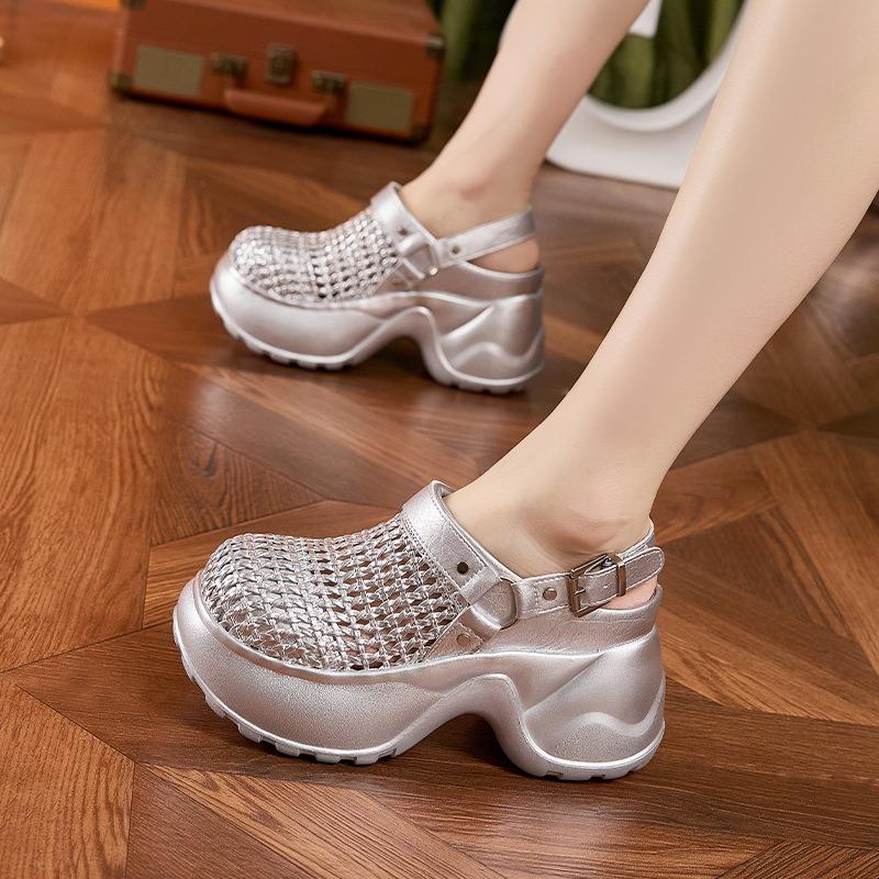 Fashion Thick Soled Sandals Women Summer 2025 New Hollow Out Breathable Sandals Versatile Silver Black Height Increasing Women's Shoes