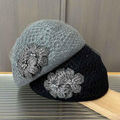 Autumn And Winter New Light Luxury Mesh Yarn Rhinestone Flower Bud Hat Retro Elegant Stewardess Hat Female Face Small Styling Top Hat