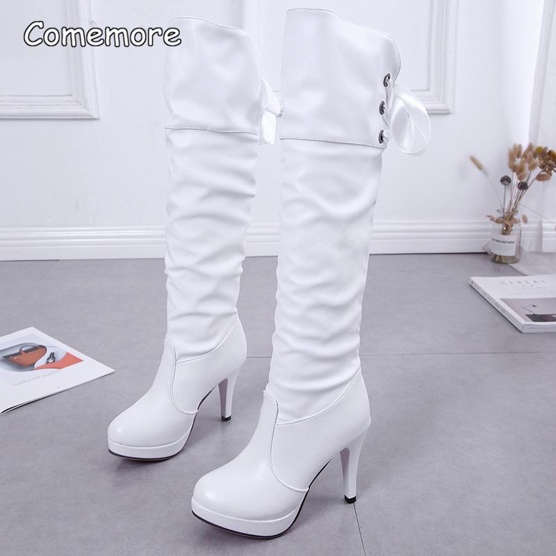 Leder Schwarze Kniehohe Stiefel Hoher Absatz Plateau-Schuhe Gefaltete Elegante Mode Lange Stiefel Größe 34-40 Hohe Stiefel Damenschuhe