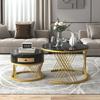 End Table 2 In 1 Round Coffee Made of MDF Side with A Marble Tabletop and Plastic Rattan Sofa Drawers Solid Wood Handles Gold-Colored Iron Legs. 70
