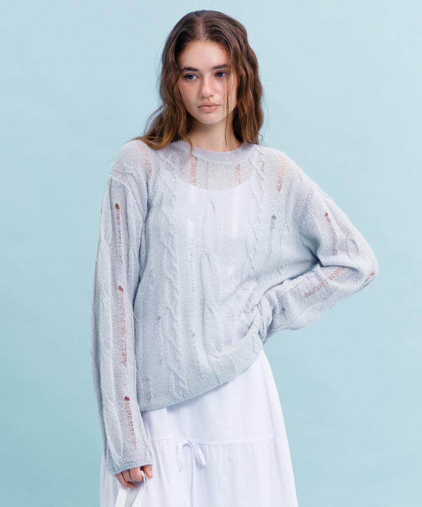 MARGARIN FINGERS Cable Damage Pullover (Light Blue)