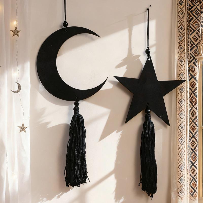 2pcs/set Black Moon Star Tassel Wooden Craft Pendant Minimalist Home Bedroom Wall Suspension Decoration