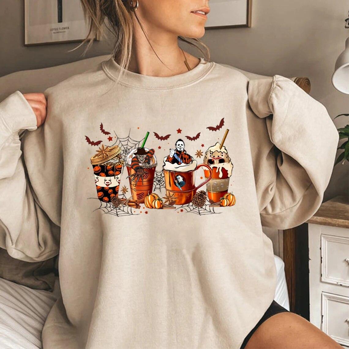 

Skull Skeleton Coffee Cups Sweatshirt Skeleton Halloween Sweatshirts Horror Hoodie Women Clothes Coffee Lover Pullovers Tops Unisex