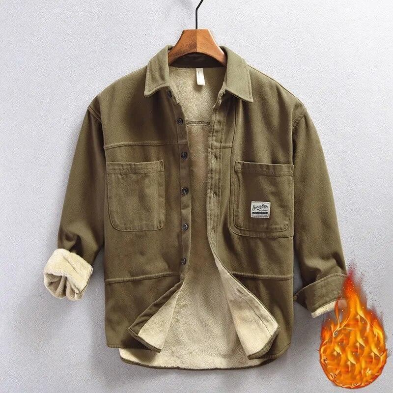 Winter Fashion Men Shirt Casual Thick Warm Long Sleeve Fleece Shirt 4XL Youth Popular Men Clothing Lapel Pocket Loose Cargo Men Tops