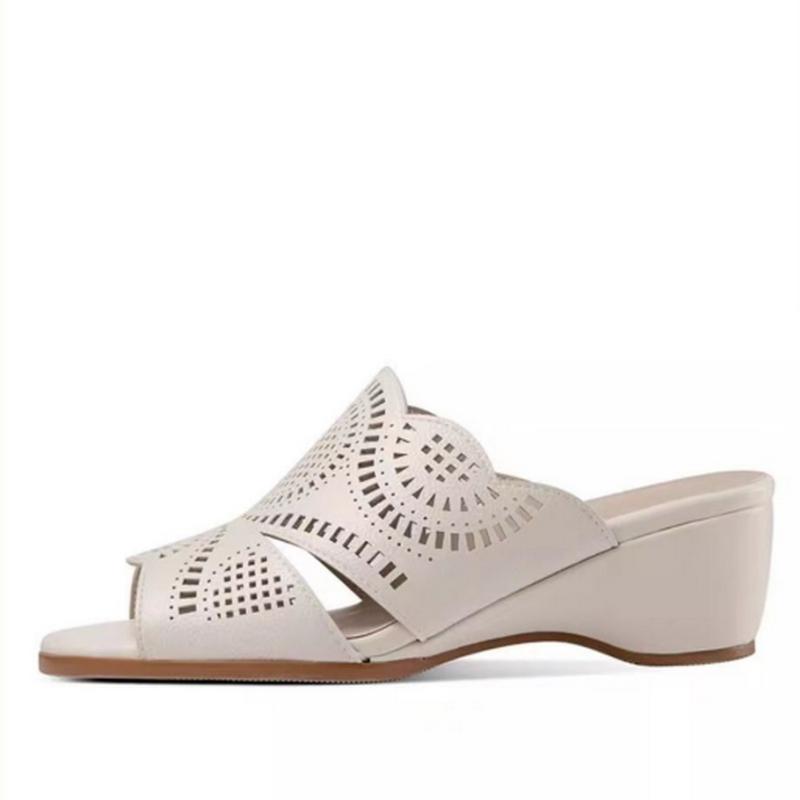 Fashion FHC 2024 New Women Mid Heels Slippers,Wedges Slides,Hollow Out Summer Shoes for Mum,Open Toe,Soft Bottom,Slip On,Beige,Dropship