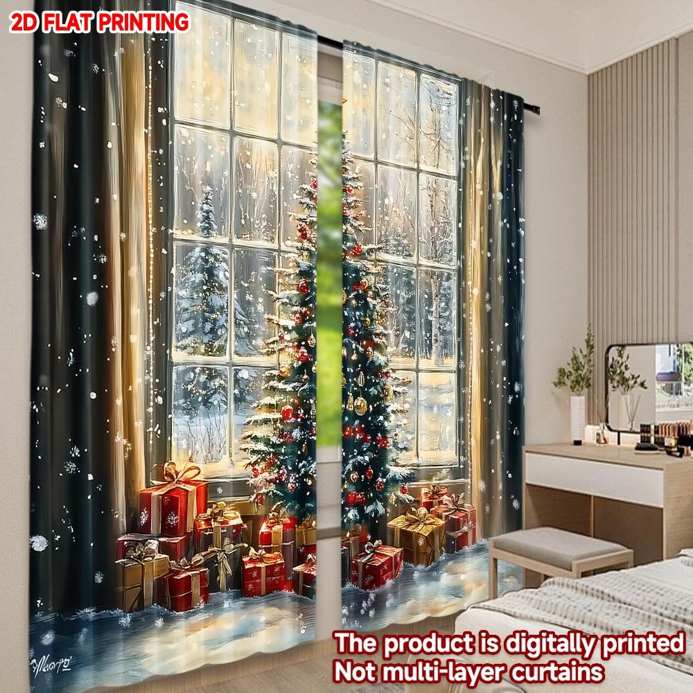 Set Of 2 Classic Flat Printing Christmas Curtains Tree Gifts Digital Printed Polyester Drapes Festive Use Curtain