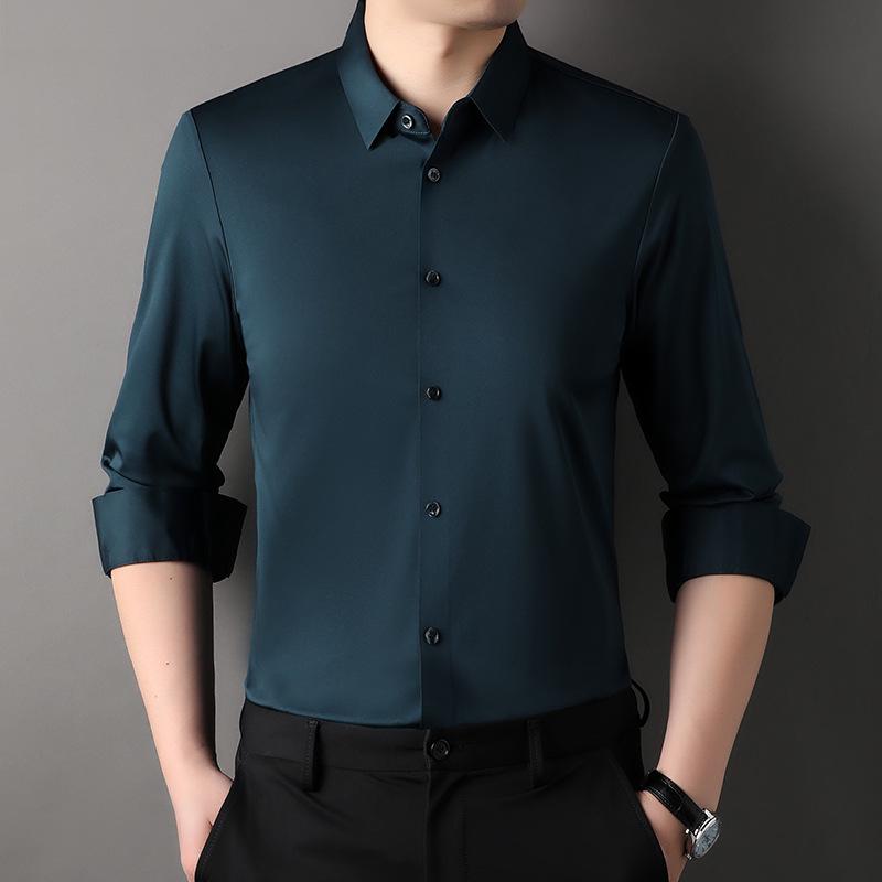 

Новая мужская немнущаяся эластичная рубашка с длинным рукавом: Повседневный деловой весенний топ для папы большого размера XL темно-зеленого