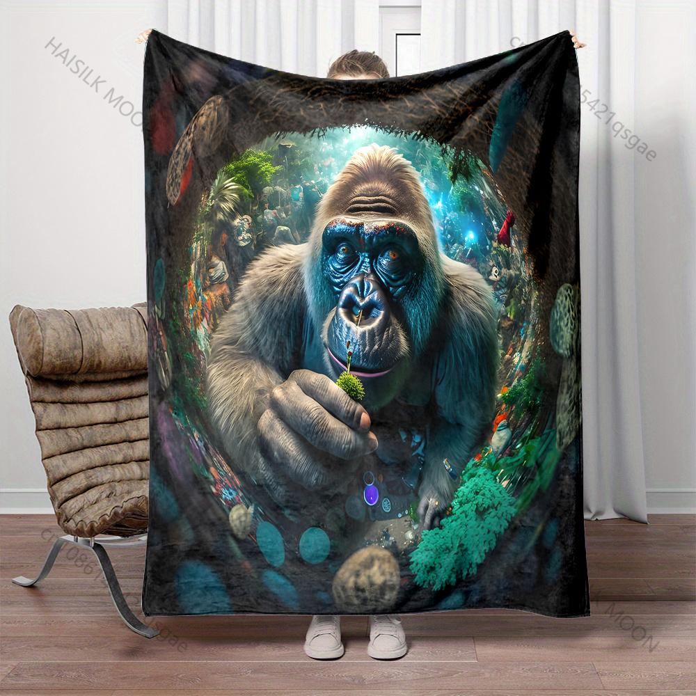 Gorilla Surrounded By Lush Greenery Pattern Blanket Flannel Material Soft Warm for All Seasons, Home Outdoor Camping Picnics RV
