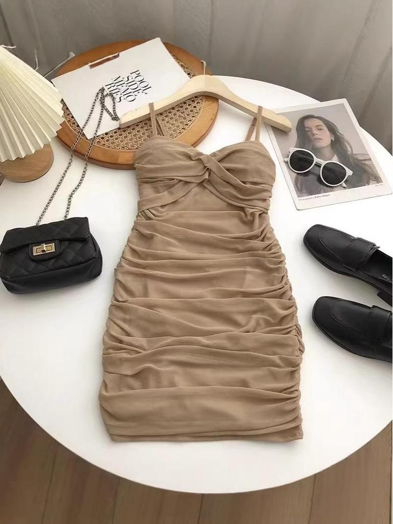 Summer Style Spaghetti Strap Dress - Sexy Twisted Knot Pleated Slim Fit Short Skirt for Mature Women