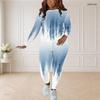 Women Plus Size Two Piece Set Round Neck Long Sleeve Printed Top And Fitted Pants