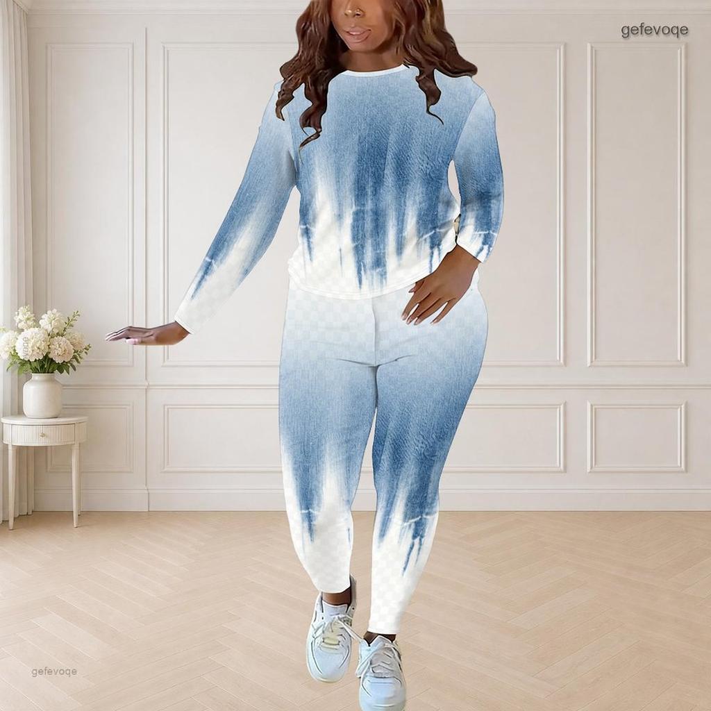 Women Plus Size Two Piece Set Round Neck Long Sleeve Printed Top And Fitted Pants