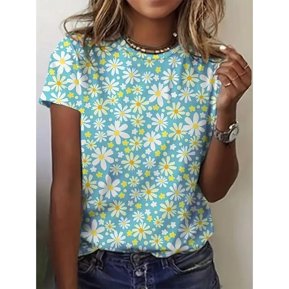 Simple Comfortable Women's Flower Printed Top T-shirt Fashionable Breathable Short Sleeve Casual T-Shirts Women’s