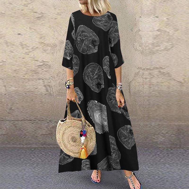 

Women Cotton Print Linen Sleeve Long Dress Printed Contrast Dress XXXXL чорний