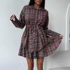 2025 Women's Stylish Plaid Skirt Suit: Loose Lapel Shirt with Tie-up Pleated Skirt Set