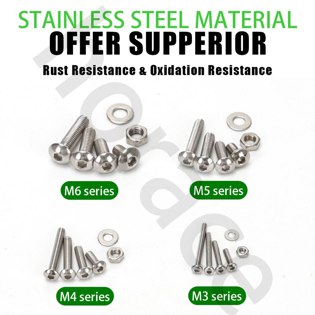 700 PCS Stainless Steel Hexagon Nut and Bolt Combo Set - Round Cup M3, M4, M5, M6 Hex Head - Round Head Bolt - Includes Flat Was