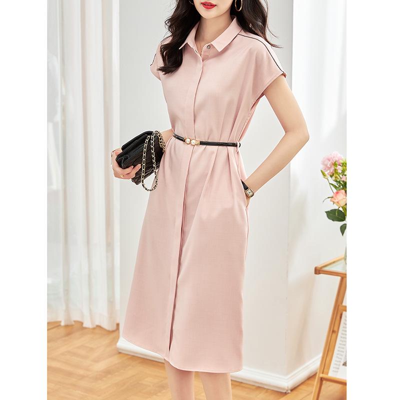 

High-Quality Raglan Sleeve Color Block Polo Collar Dress with Hidden Button and Waist Slimming Design Medium розовый