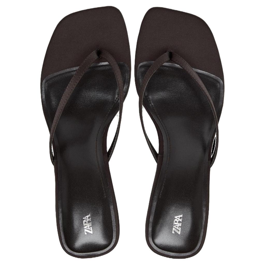 Zara Commuter Versatile Street Satin Mid-Heel Open-Toe Slip-On Sandals Non-Slip Flip-Flops Women sandals Brown 13328510700-38