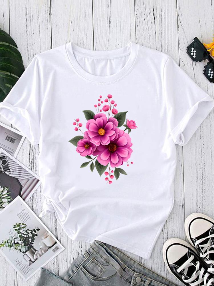 (Asiatische Größe) Trend Aquarell Blume Rundhals Kurzarm T-Shirts Mode Damen Freizeitkleidung Damen Oberteil T-Shirt Bedrucktes Grafik-T-Shirt