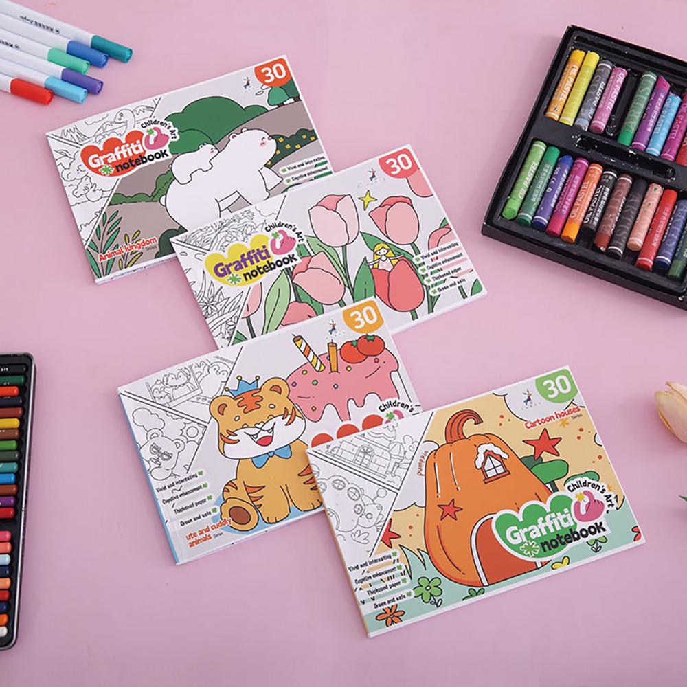 30 Sheets Cartoon Convenient Graffiti Book Watercolor Coloring Book, Suitable for Markers, Watercolor Pens, and Colored Pencils