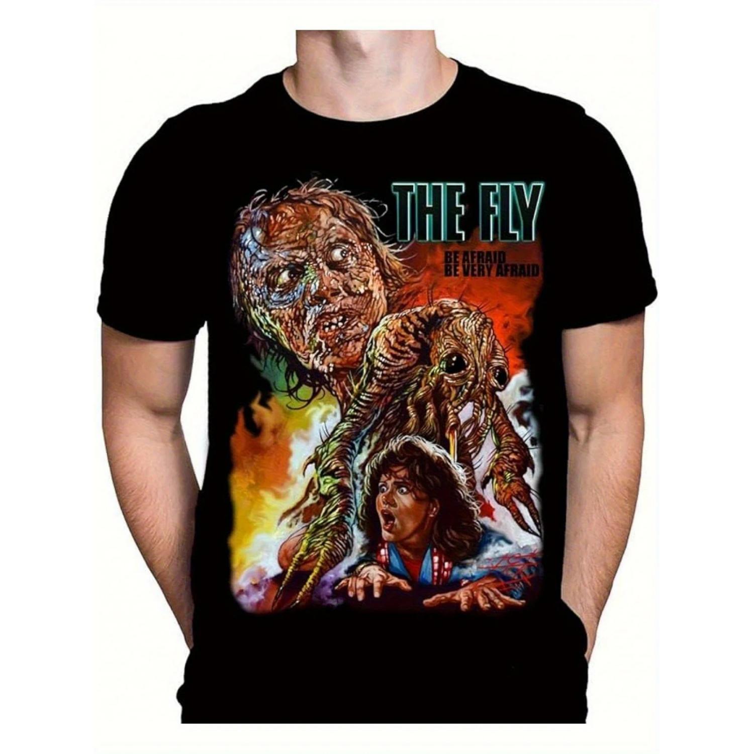 Men s _Fly Man_ Horror Movie Themed Printed T-shirt - Classic Movie Pattern Short Sleeved Outdoor Outfit Horror Movie T-shirt S чёрный