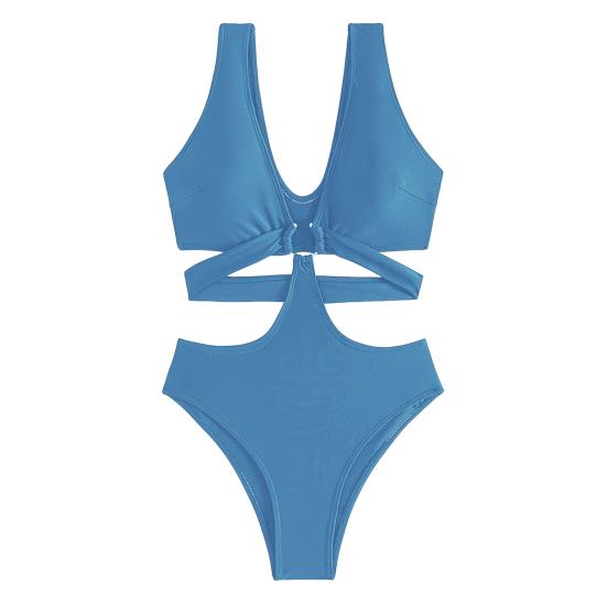 Sexy One-piece Swimwear V-Neck Sleeveless High Waist Monokini with Iron Ring Bandage Solid Color Quick Drying One-Piece Bikini