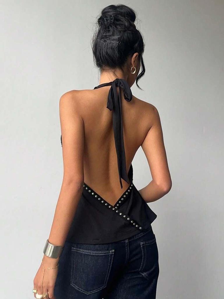 2025 European Retro Backless Rivet Halter Top for Women