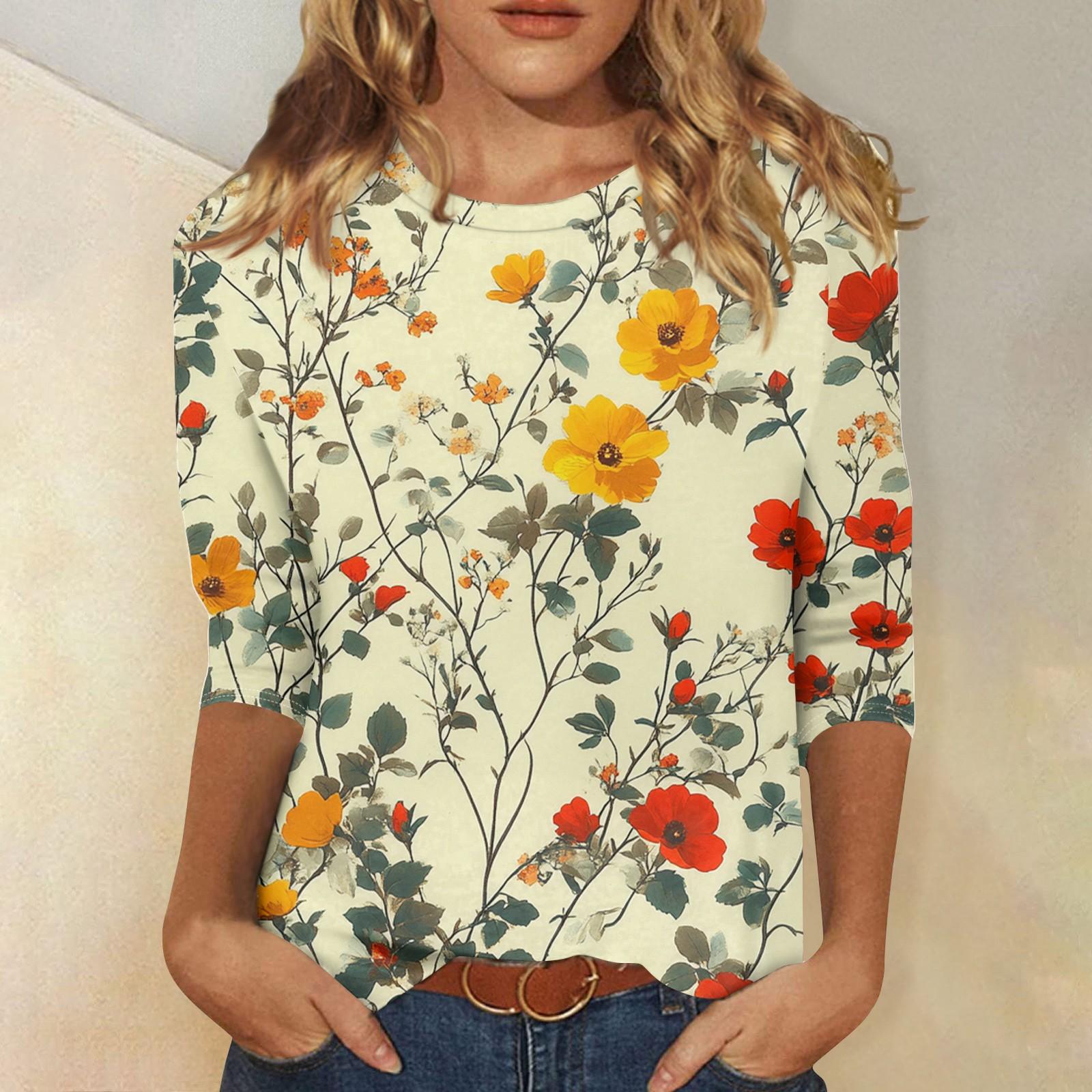 

Рубашки с рукавом 3/4 для женщин, милые футболки с графическим принтом, блузки, повседневные базовые топы больших размеров, пуловеры XL жёлтый