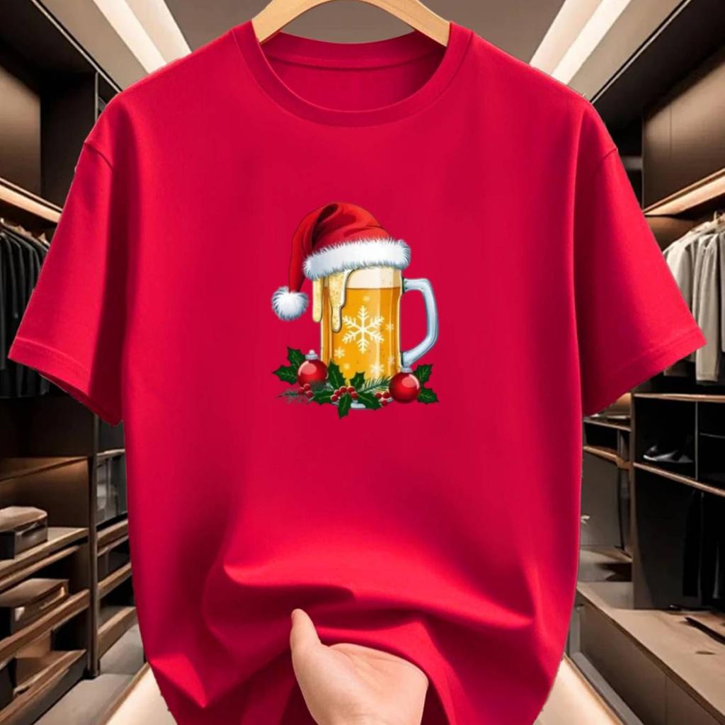 Santa Hat Beer Mug Graphic T Shirt Christmas Holly Snowflake Print Holiday Casual Unisex Short Sleeve Tops