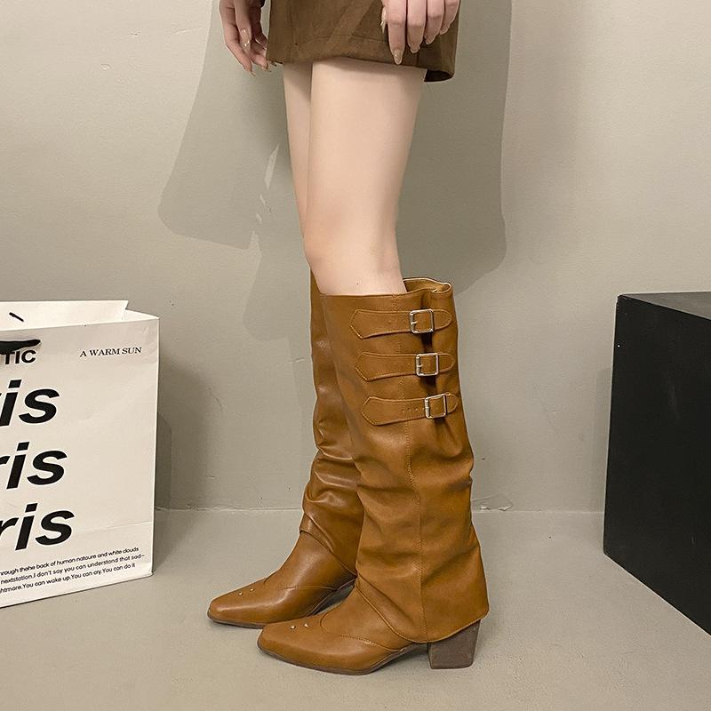 Thick Heel Pointed Retro Stacking Boots Long Knight Boots Women's Shoes 2025 New Autumn and Winter Design Sense Two-wear Boots