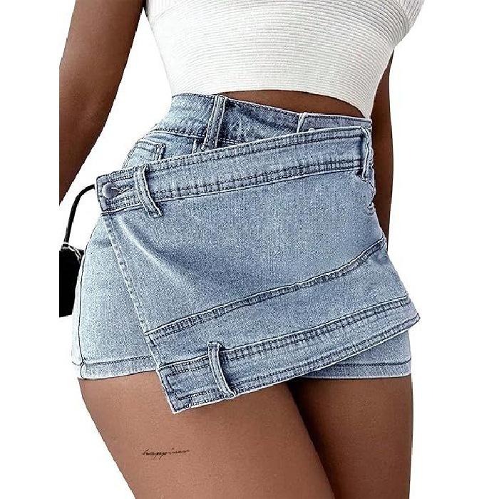 American Girl Spicy High-Waisted Irregular Denim Skirt Shorts, Slimming Fashionable Design