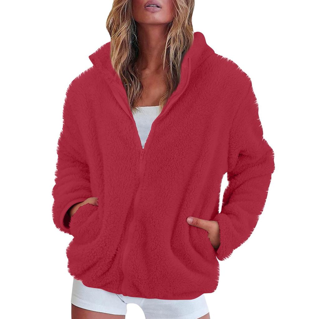 Women's Solid Color Fashionable Winter Loose High Neck Long Fleece Plush Warm Zipper Jacket