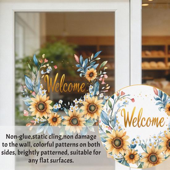 Spring Flower Wreath Window Cling Tulip/Sunflower/Rose Flower Static PVC Sticker Removable Glass Decals for Home Office Shop