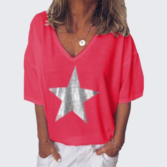Letní dámské tričko plus size s hvězdicovým výstřihem do V a krátkým rukávem, jednobarevný volný top