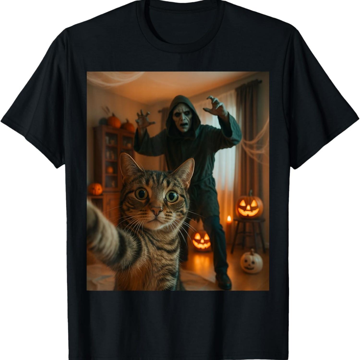 Смешное селфи кота со скелетом Страшный Хэллоуинский мем Футболка S чёрный